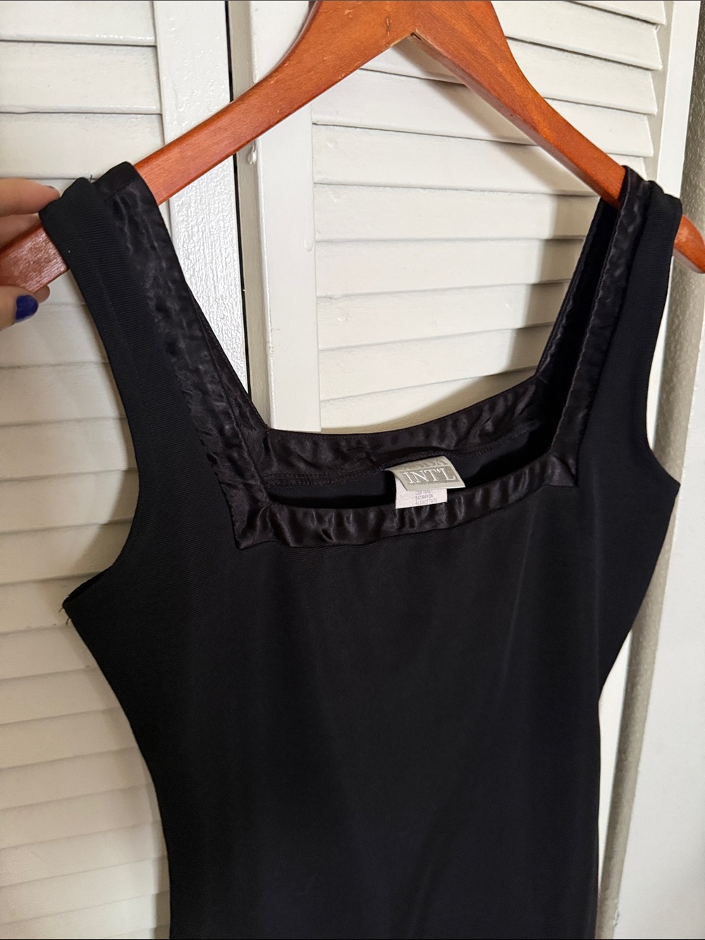 90’s Vintage Moda International Stretchy Sculpted Black Square-Neck Mini Dress